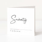 Greeting card with 'Seventy' and 'Happy Birthday Teresa' text on a white background