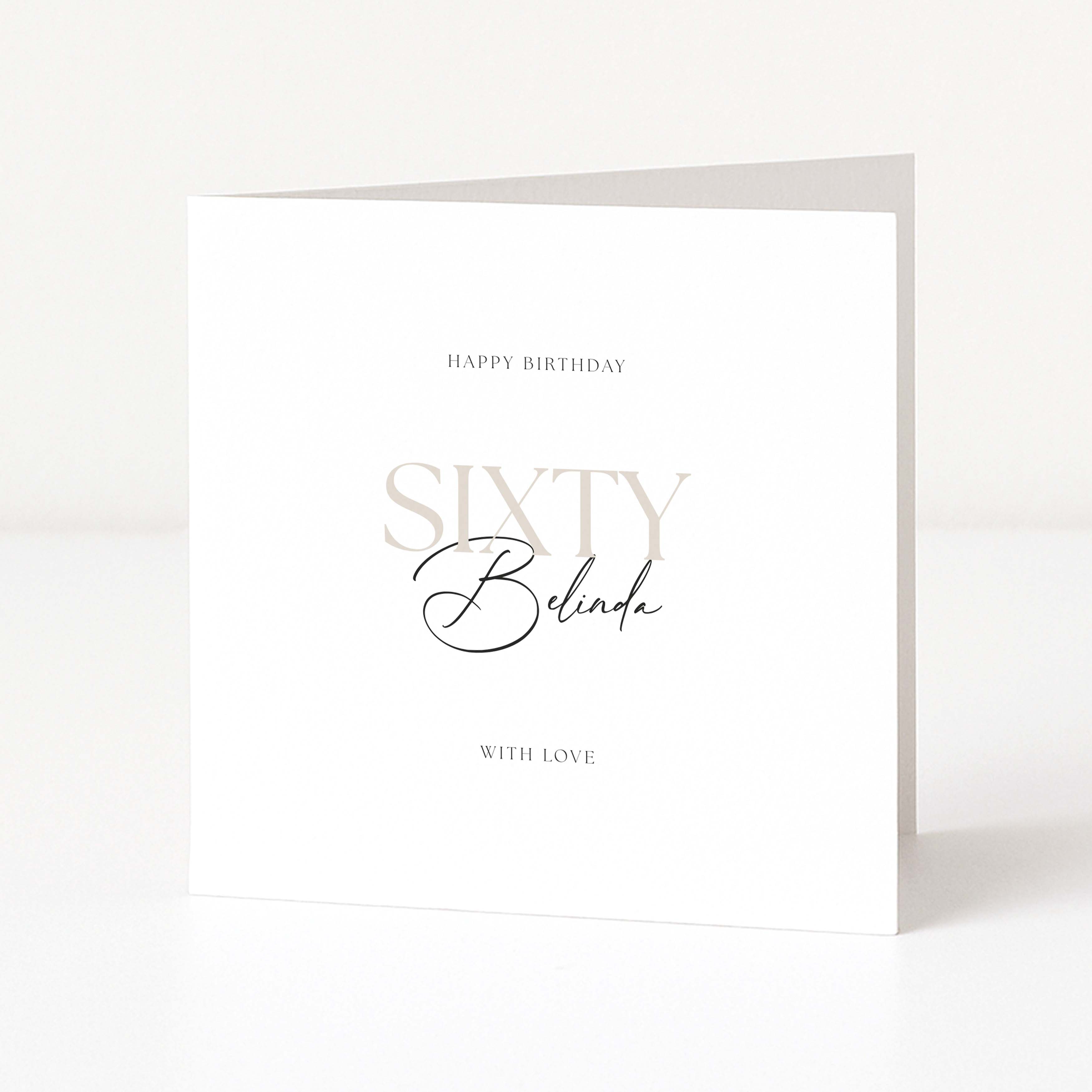 Greeting card with 'Happy Birthday Sixty Belinda' text on a white background