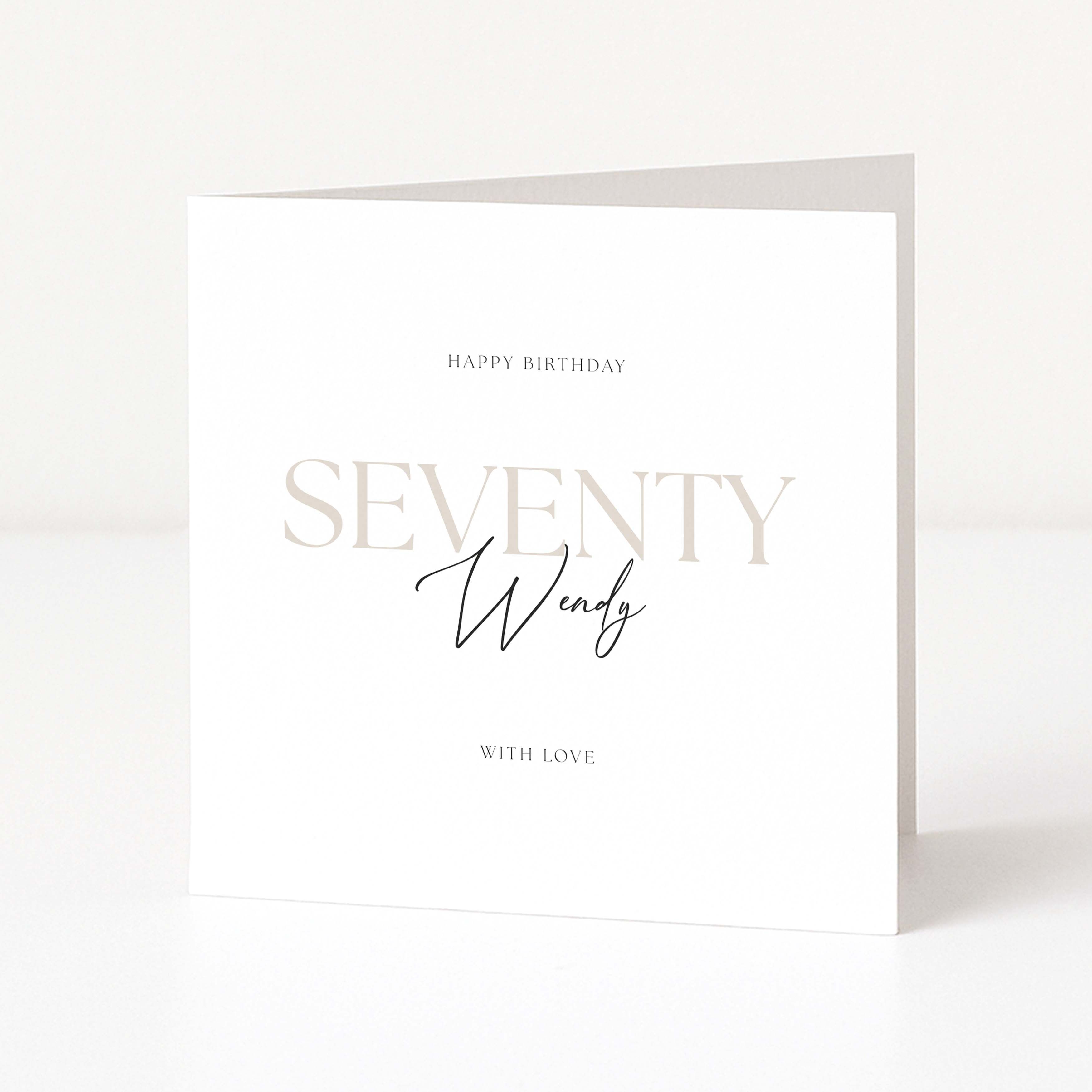 Greeting card with 'Happy Birthday Seventy Wendy' text on a white background