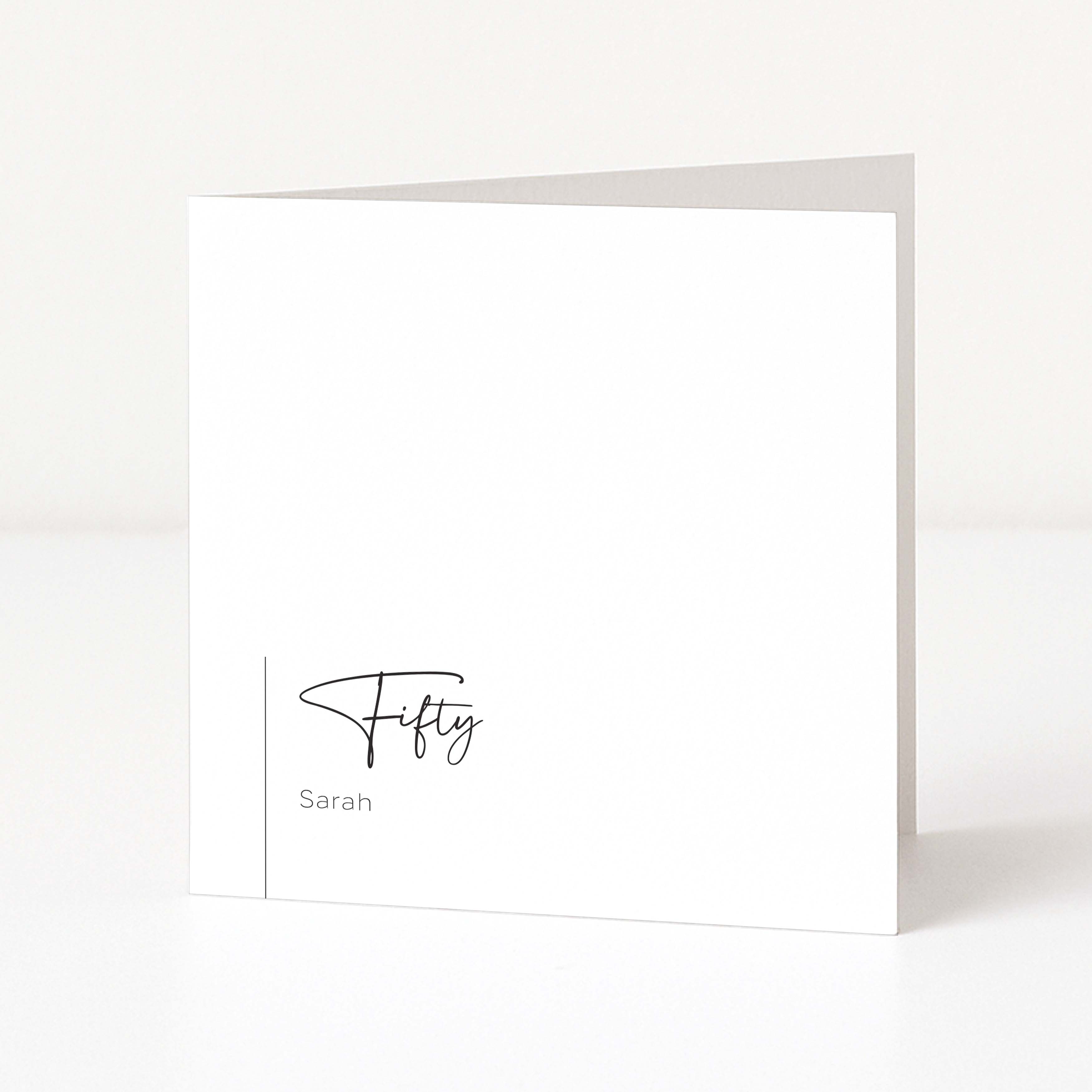 White greeting card with 'Fifty' and 'Sarah' text on a white background