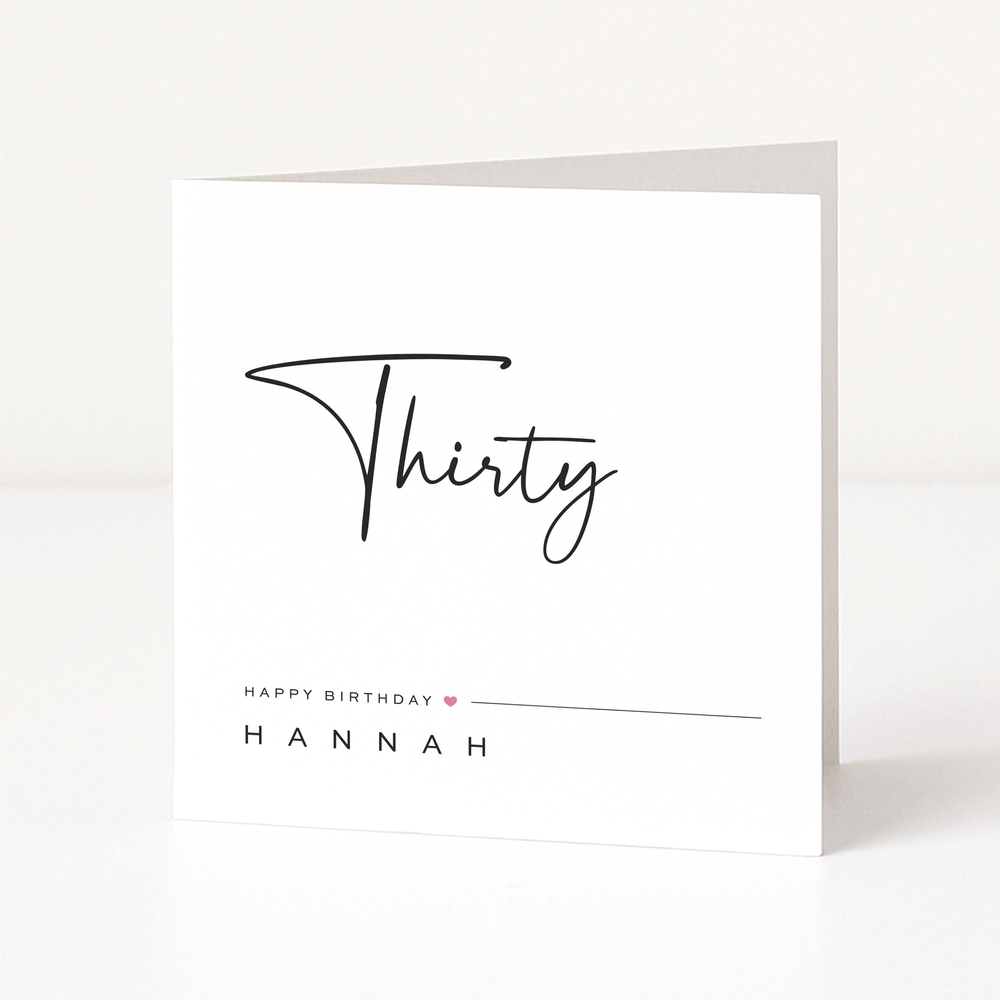 Greeting card with 'Thirty' and 'Happy Birthday Hannah' text on a white background