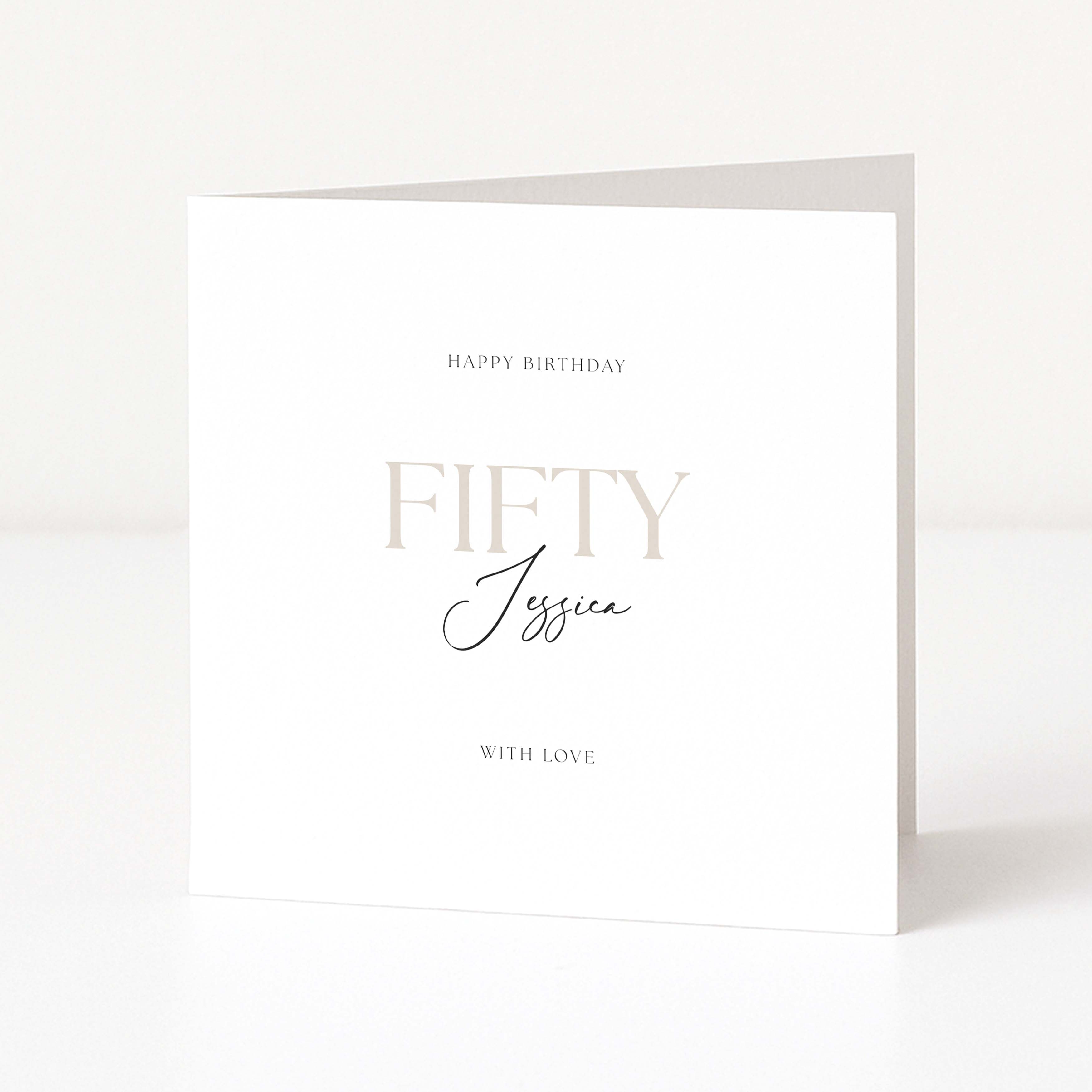 Greeting card with 'Happy Birthday Fifty Jessica' text on a white background