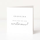Greeting card with text 'GEORGINA WILL YOU BE OUR WITNESS?' on a white background