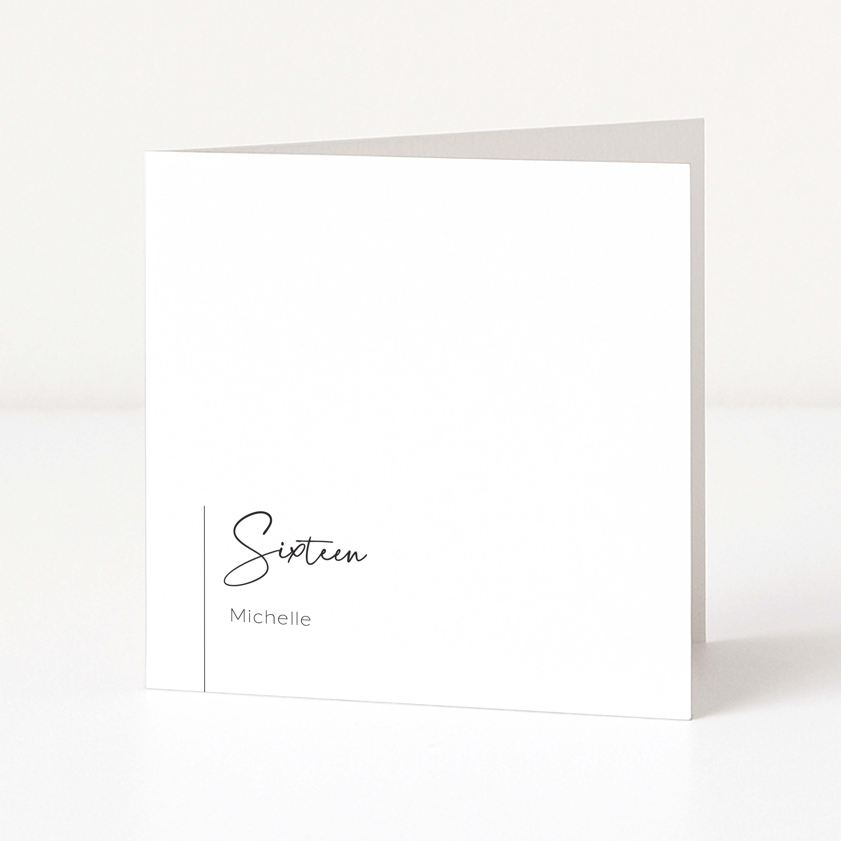 White greeting card with 'Sixteen Michelle' text on a white background
