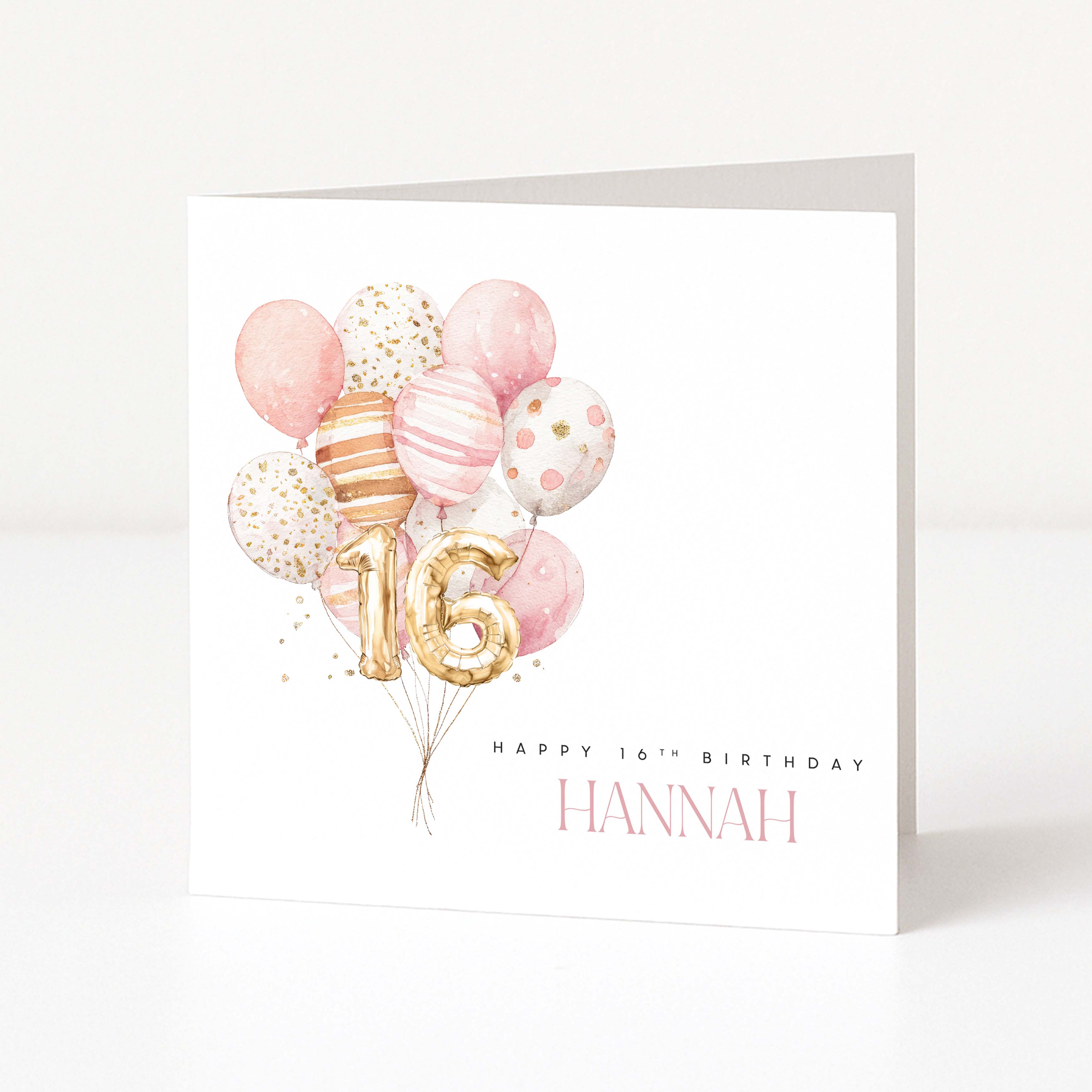Greeting card with balloons and 'Happy 16th Birthday Hannah' text on a white background