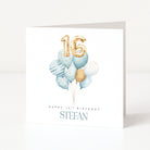 Greeting card with blue balloons and gold number 16 for a 16th birthday celebration.
