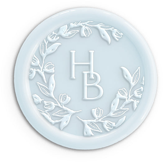 baby blue wedding wax seal with monogram emblem