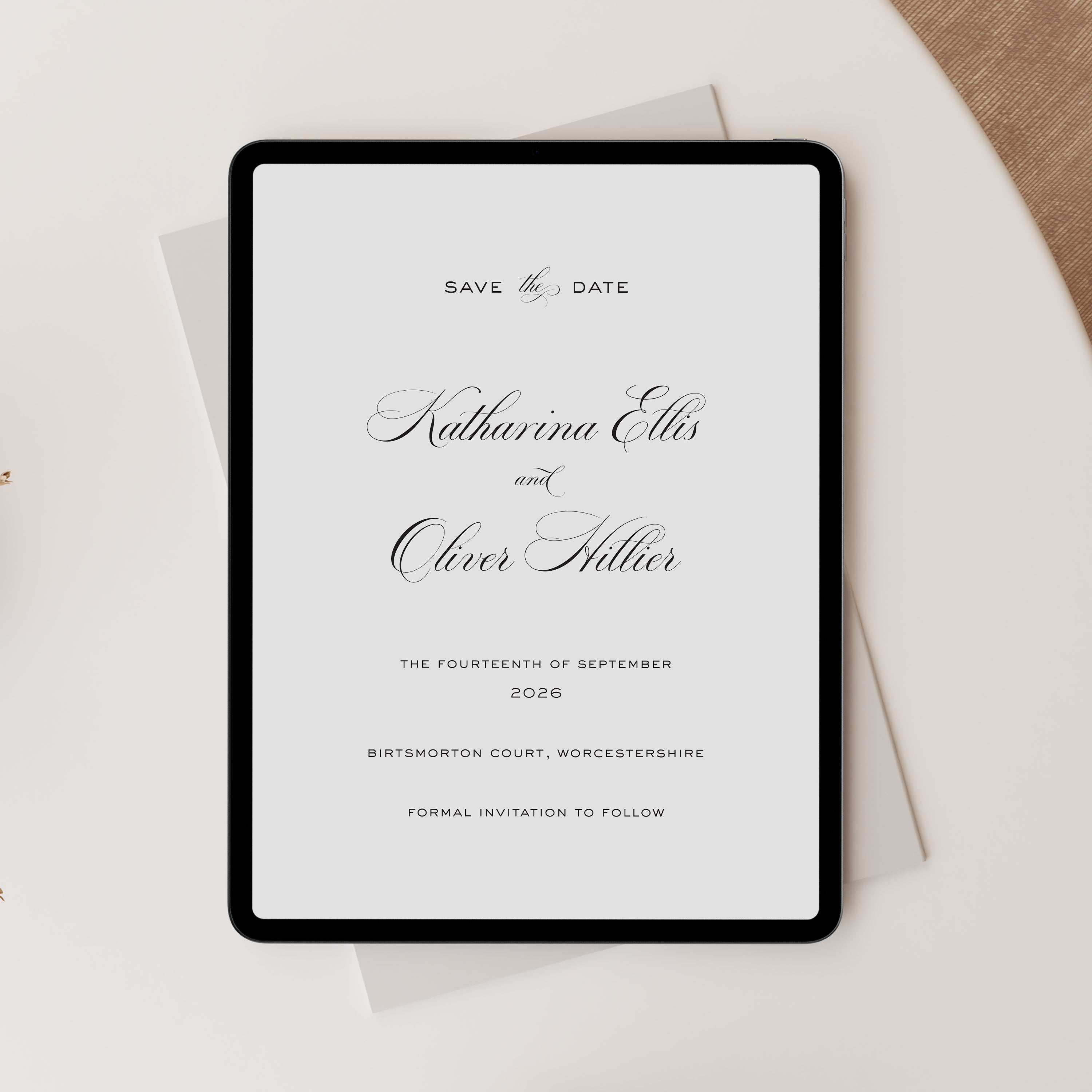 Digital save the date with calligraphy in white