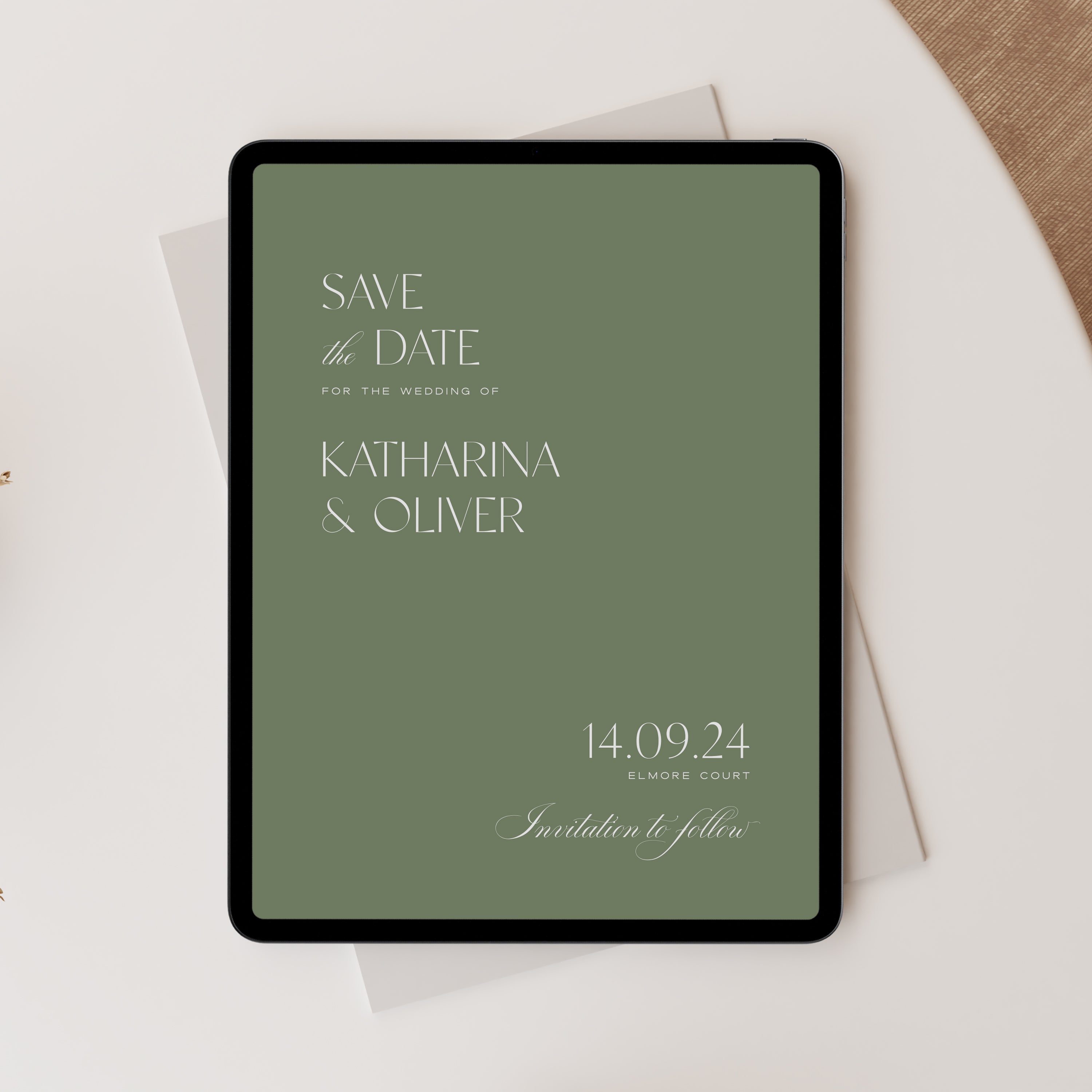 Traditional Calligraphy Digital Save the Date in Mid Green - Belmont Collection