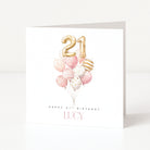 Birthday card with balloons and gold number '21' on a white background