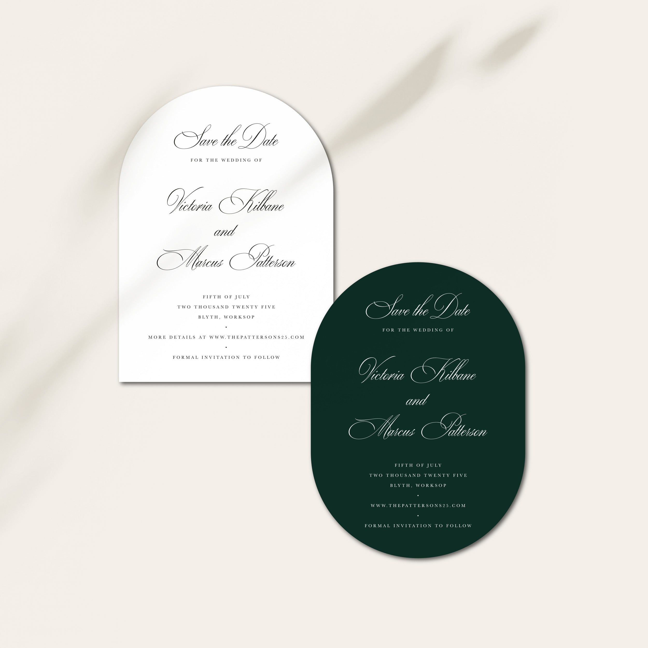 White and green arched and oval save the date cards for wedding on a neutral background