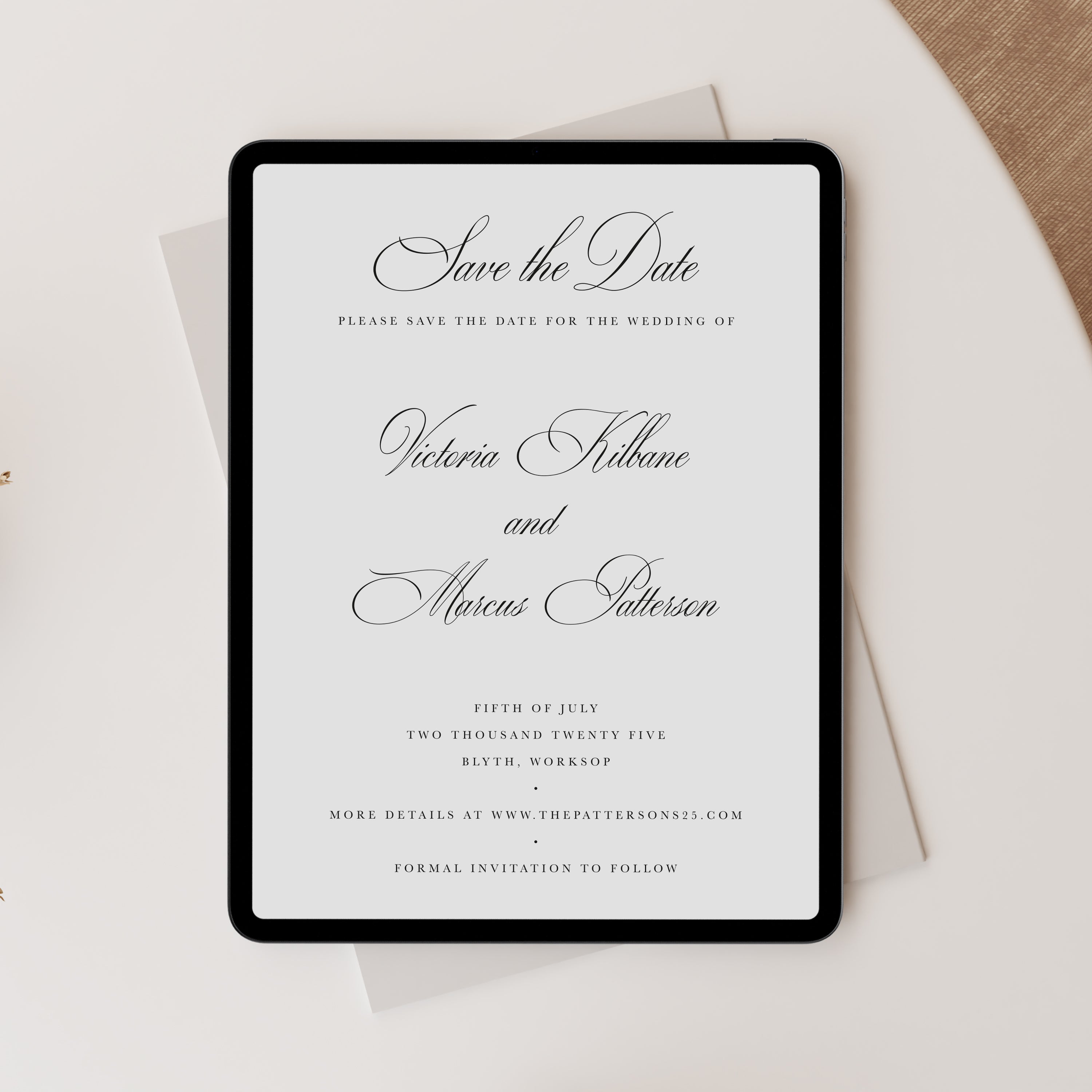 Calligraphy Digital Save the Date for Wedding in White - Blenheim Collection