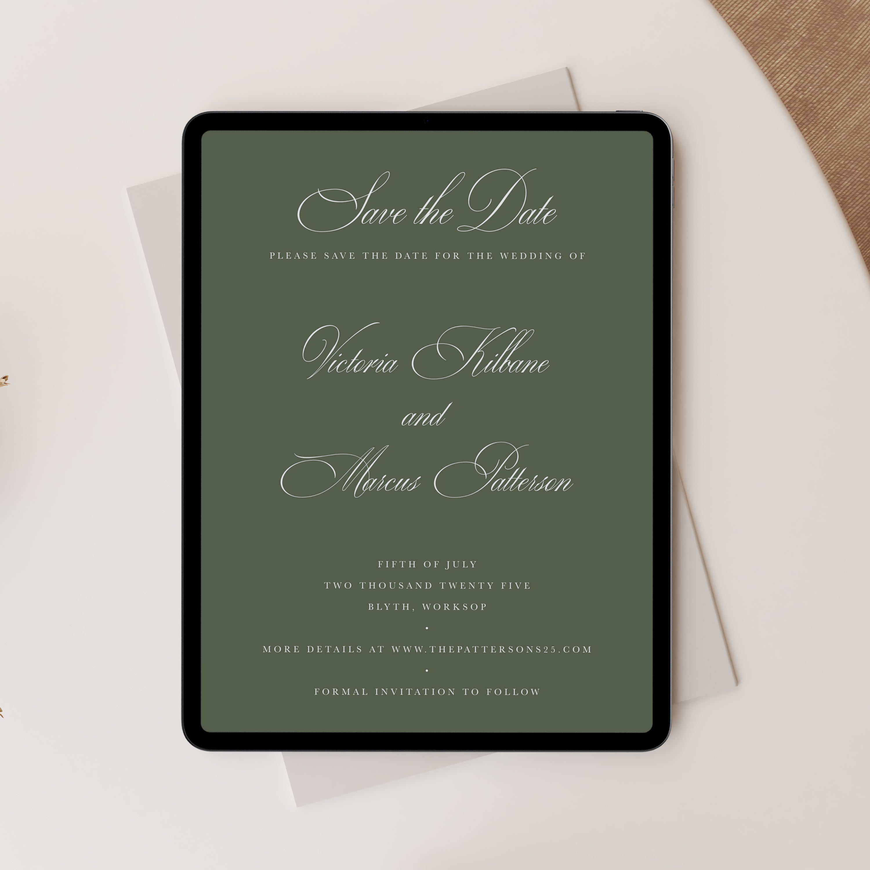 Calligraphy Digital Save the Date for Wedding in Green - Blenheim Collection