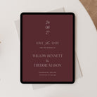Digital save the date in burgundy shown on a tablet