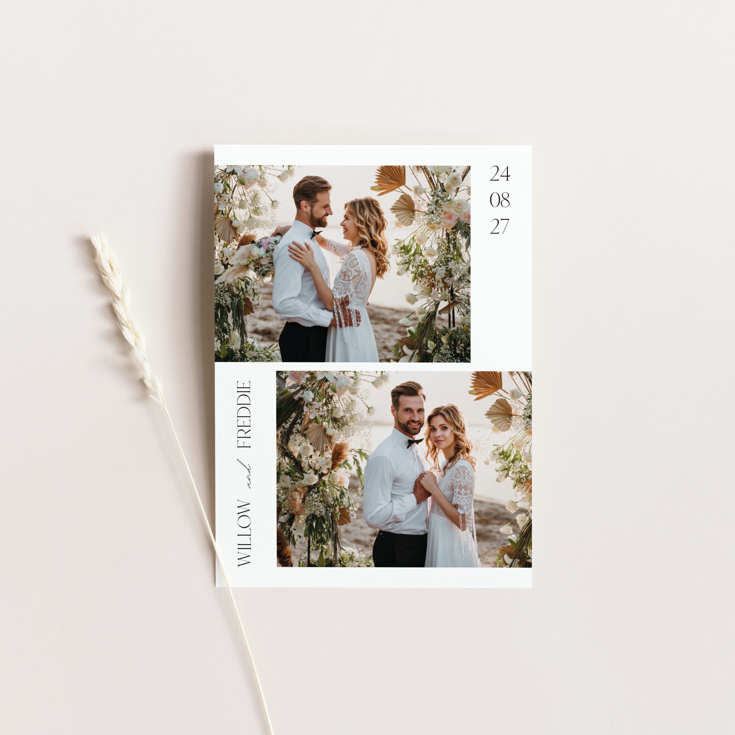 Wedding thank you card with double aperture on a beige background