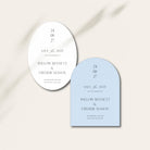 Two 'Save the Date' cards, one oval and one arch-shaped, on a light background.