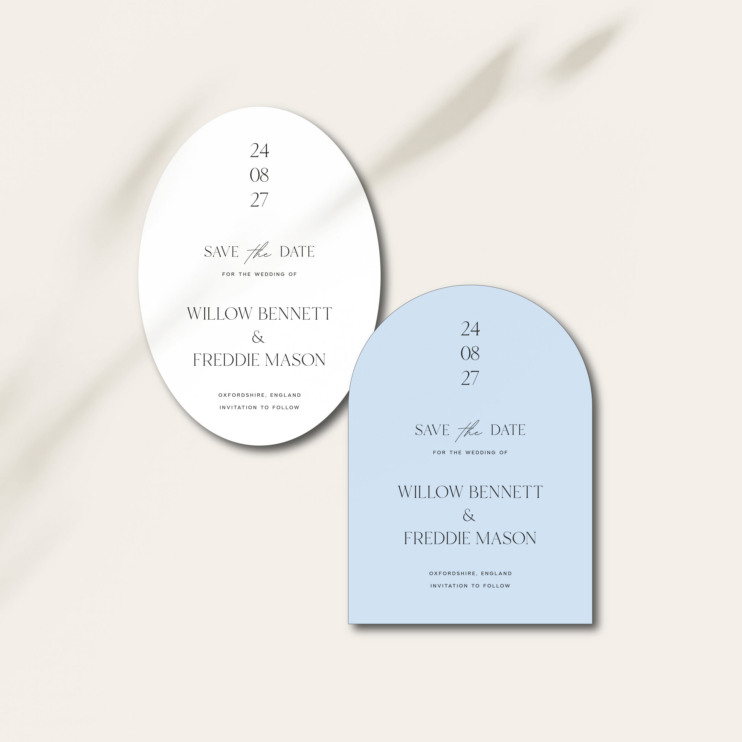 Two 'Save the Date' cards, one oval and one arch-shaped, on a light background.