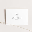A white rectangular wedding thank you card with a minimalist black bow illustration and the names Katherine & Joseph, plus the date 03.06.