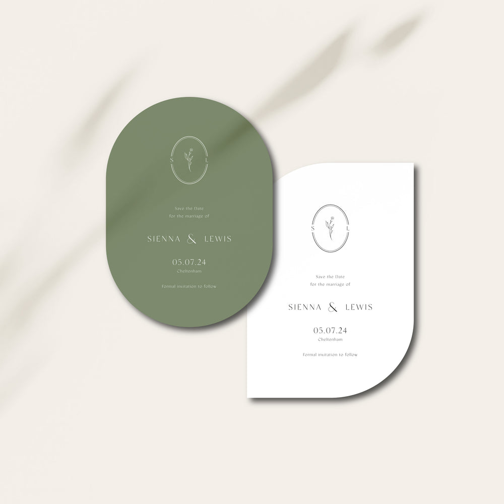 Green and White Oval Wedding Save the Date Cards - Burley Collection, Elle Bee Design