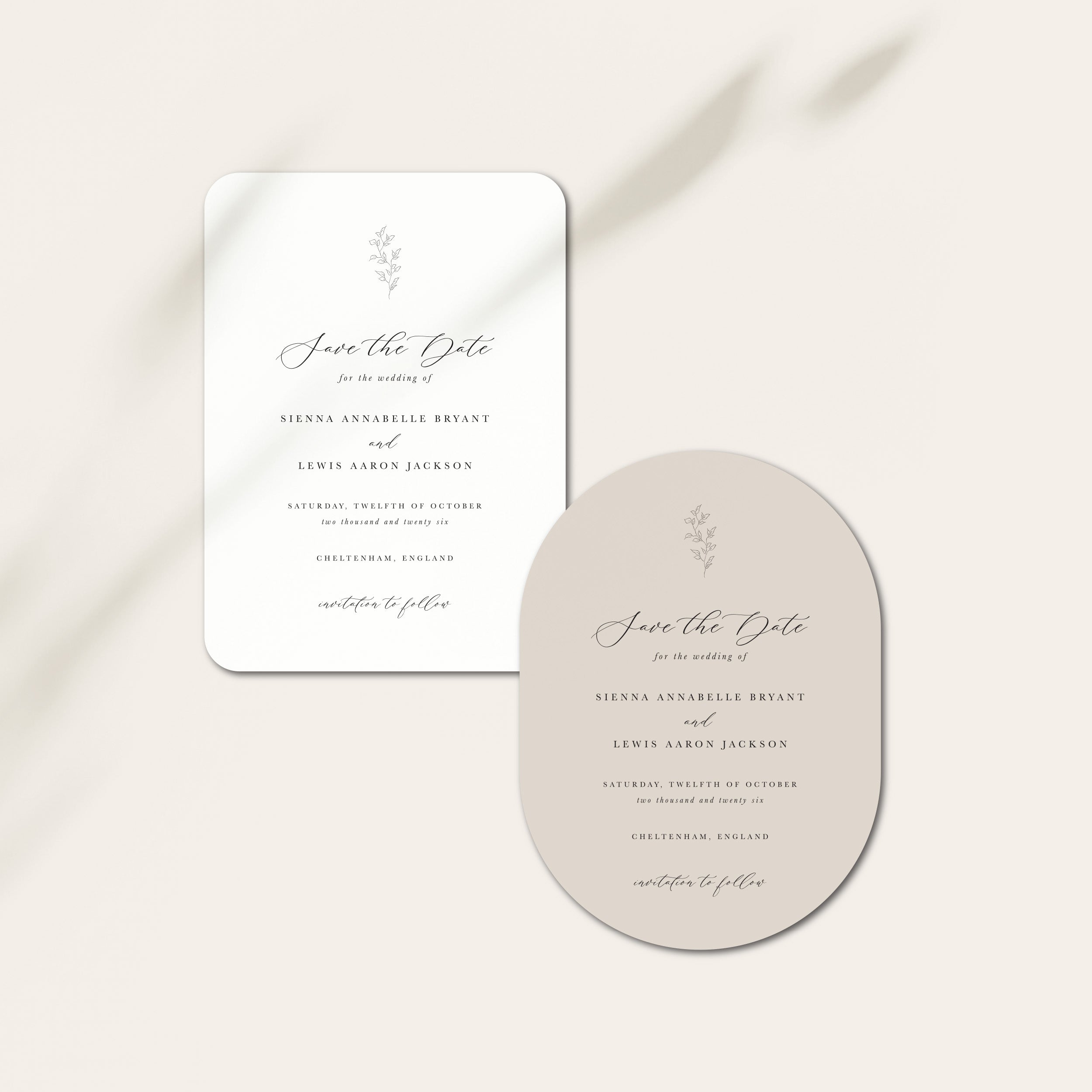 Shaped botanical save the date cards on neutral background