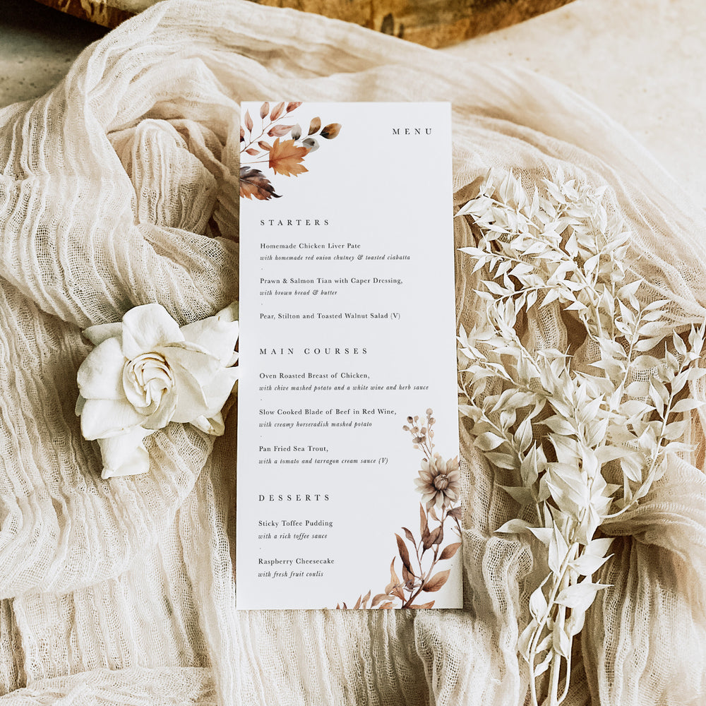 Autumn Wedding Menu Card - Burnt Oak Collection, Elle Bee Design