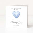 Christening card with a blue heart and personalized text on a white background