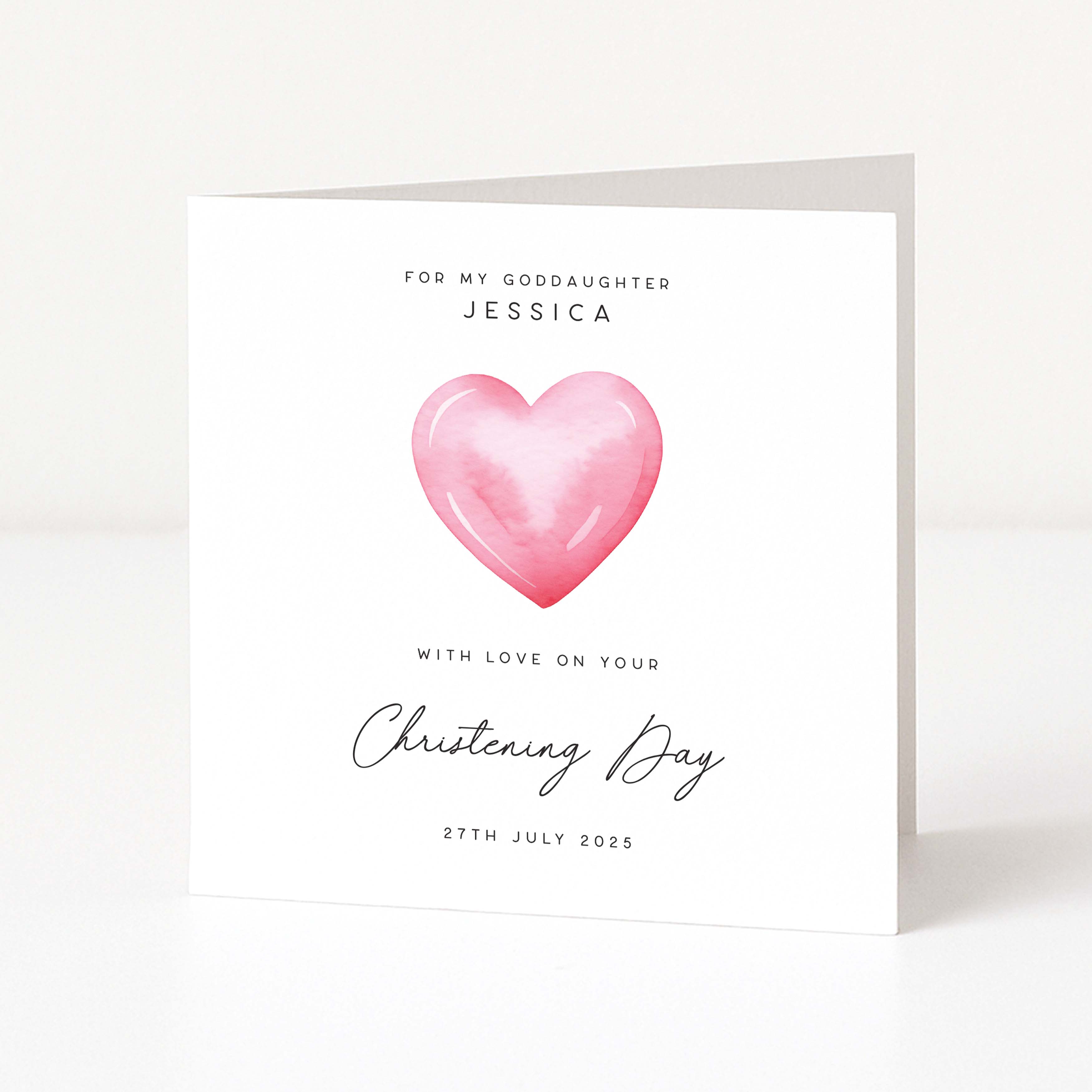 Personalised Christening Day Card with Pink Heart Design for Goddaughter
