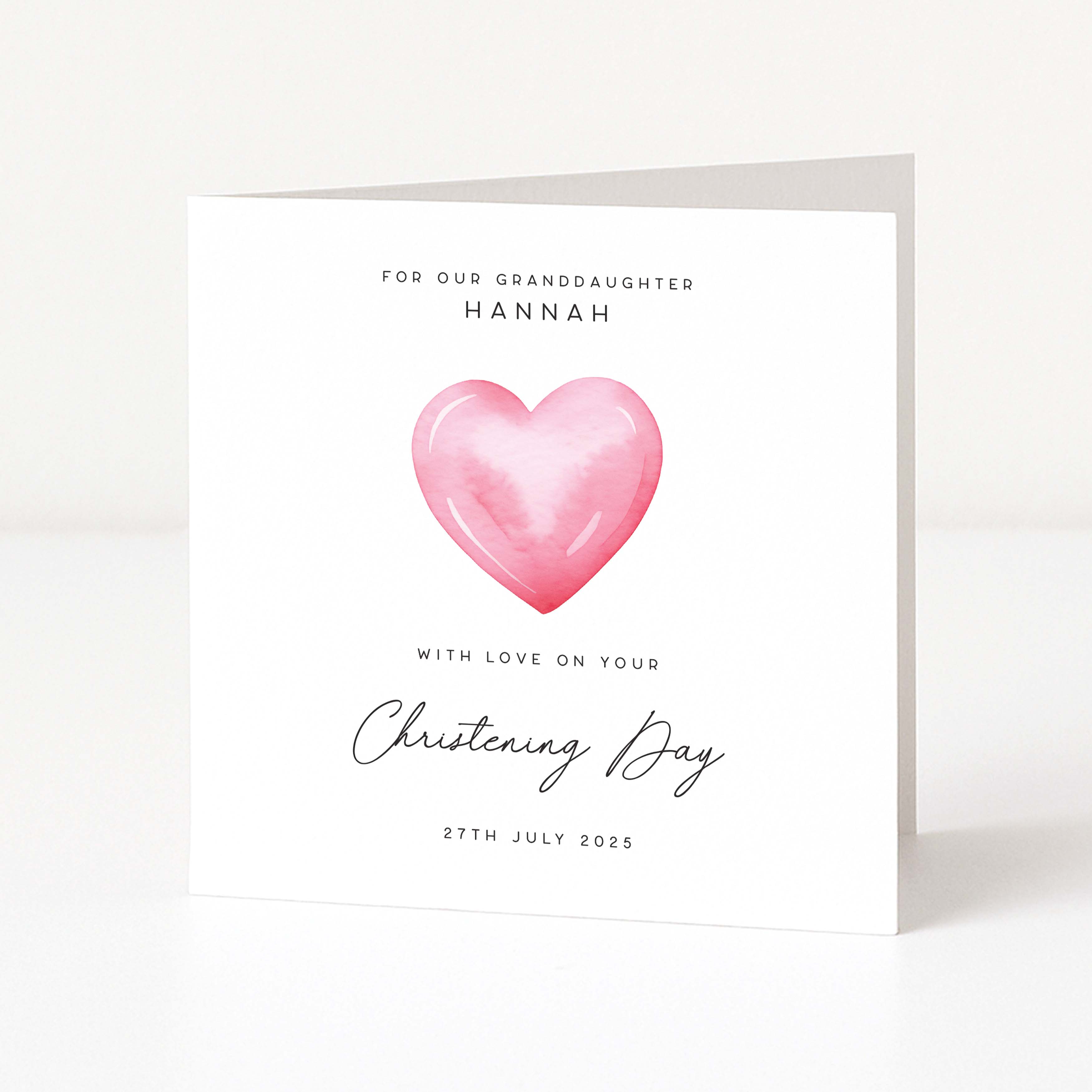 Personalised Granddaughter Christening Day Card with Pink Heart Design