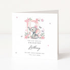 Personalised christening card with a baby elephant and floral design on a white background