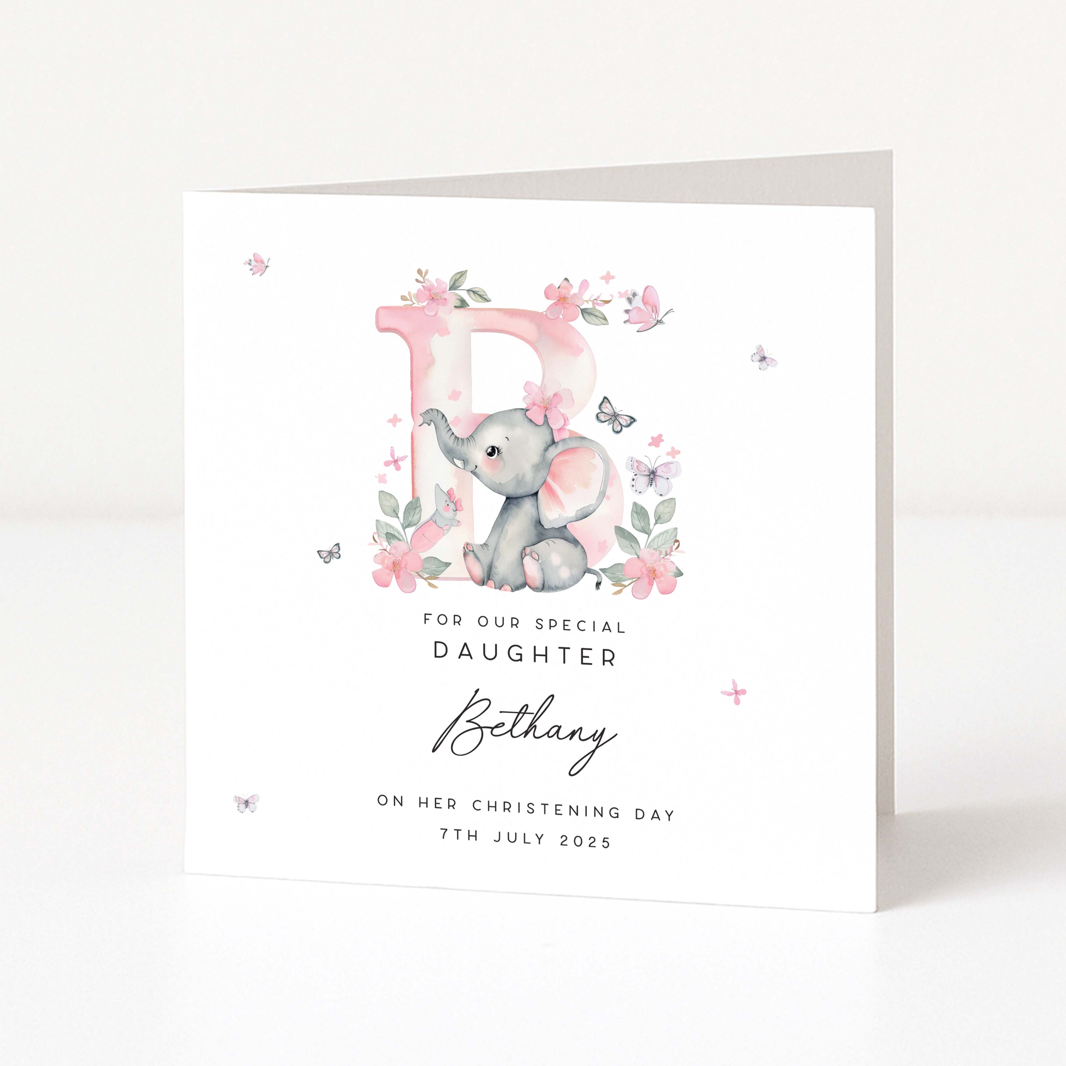 Personalised christening card with a baby elephant and floral design on a white background