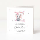 Personalised christening card for goddaughter with an elephant illustration and floral elements on a white background