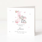 Christening card for niece with a baby elephant illustration and personalized text on a white background
