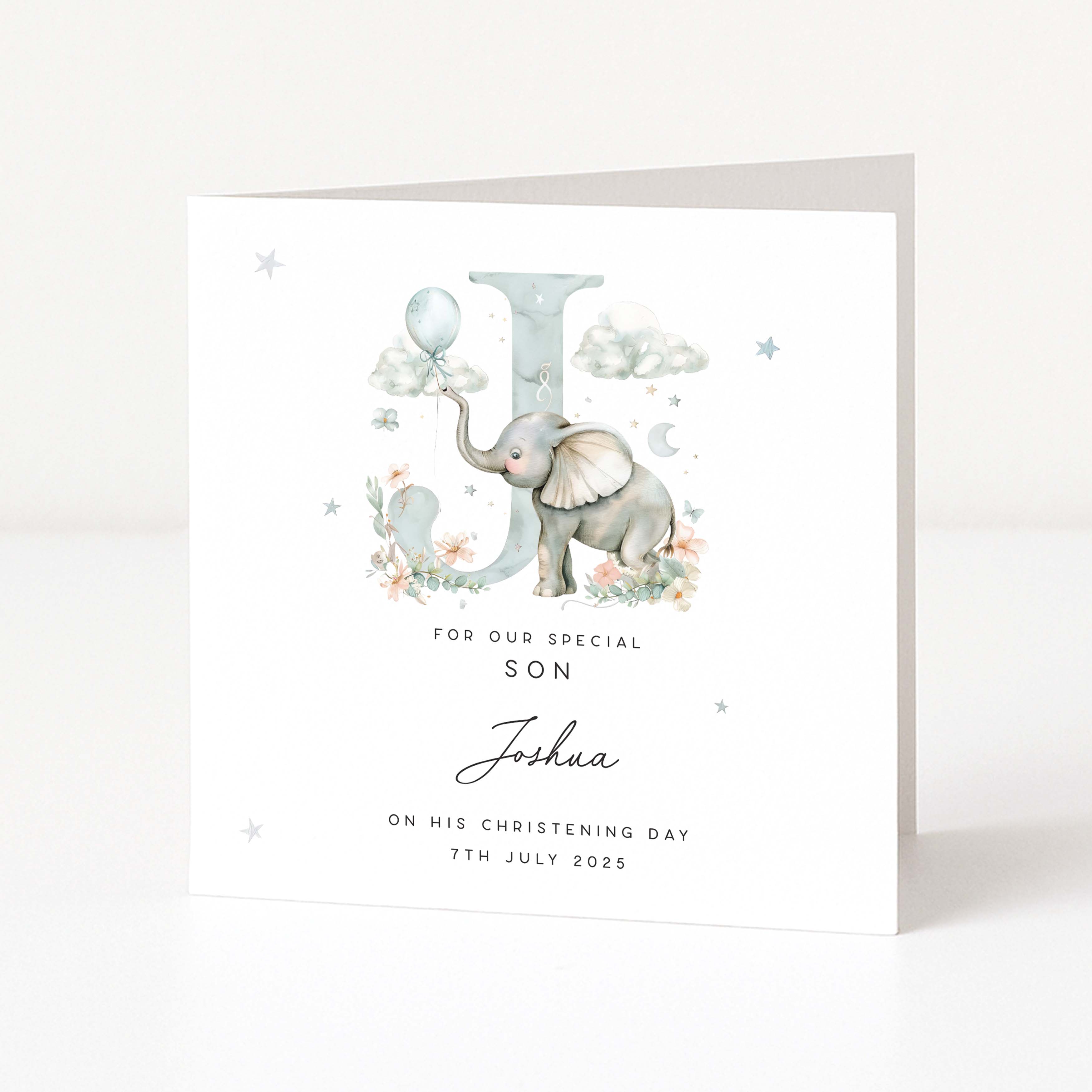 Personalised christening card for a boy with an elephant and letter 'J' on a white background with black text