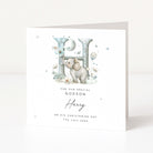 Personalised christening card for godson with an elephant and letter 'H' on a white background with black text