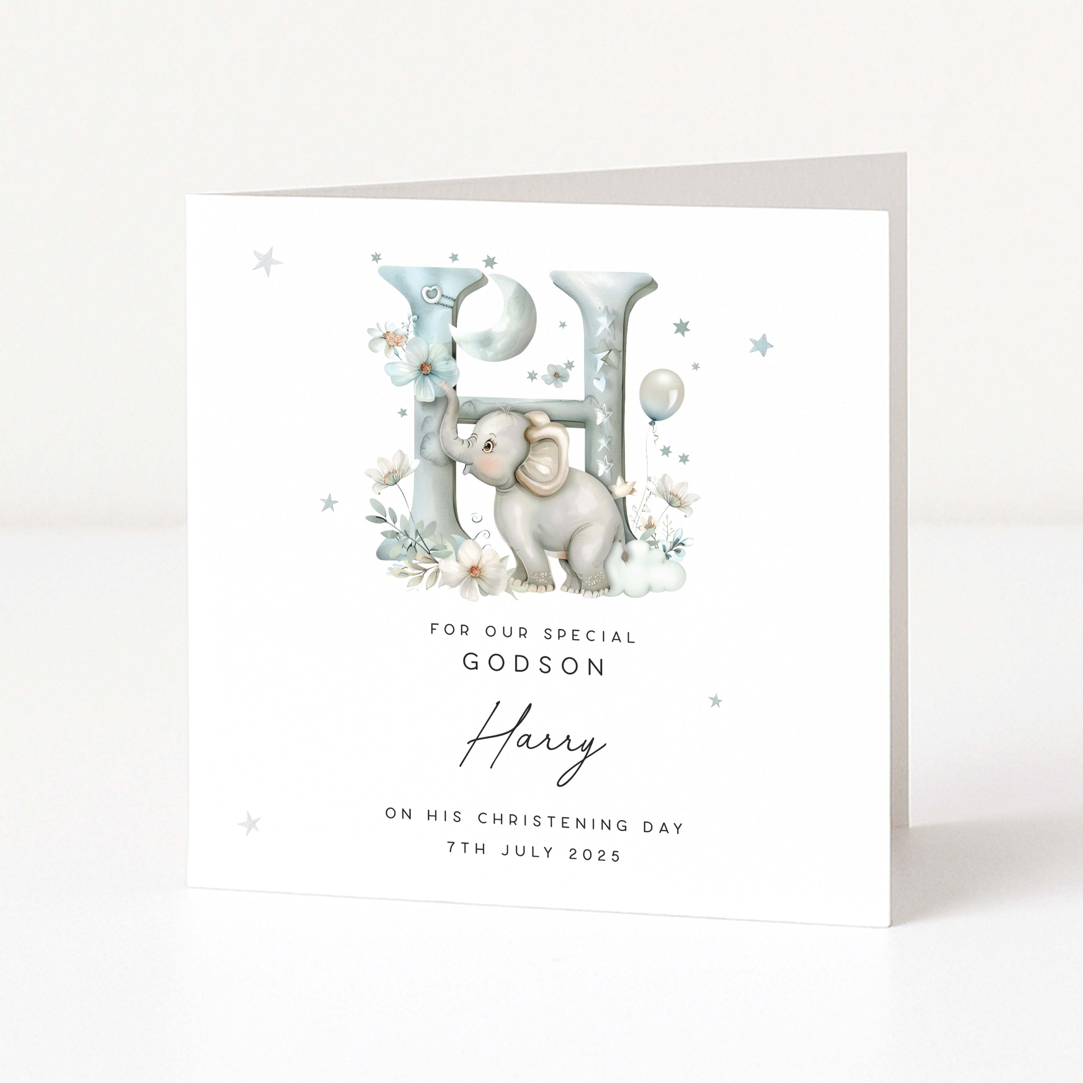Personalised christening card for godson with an elephant and letter 'H' on a white background with black text
