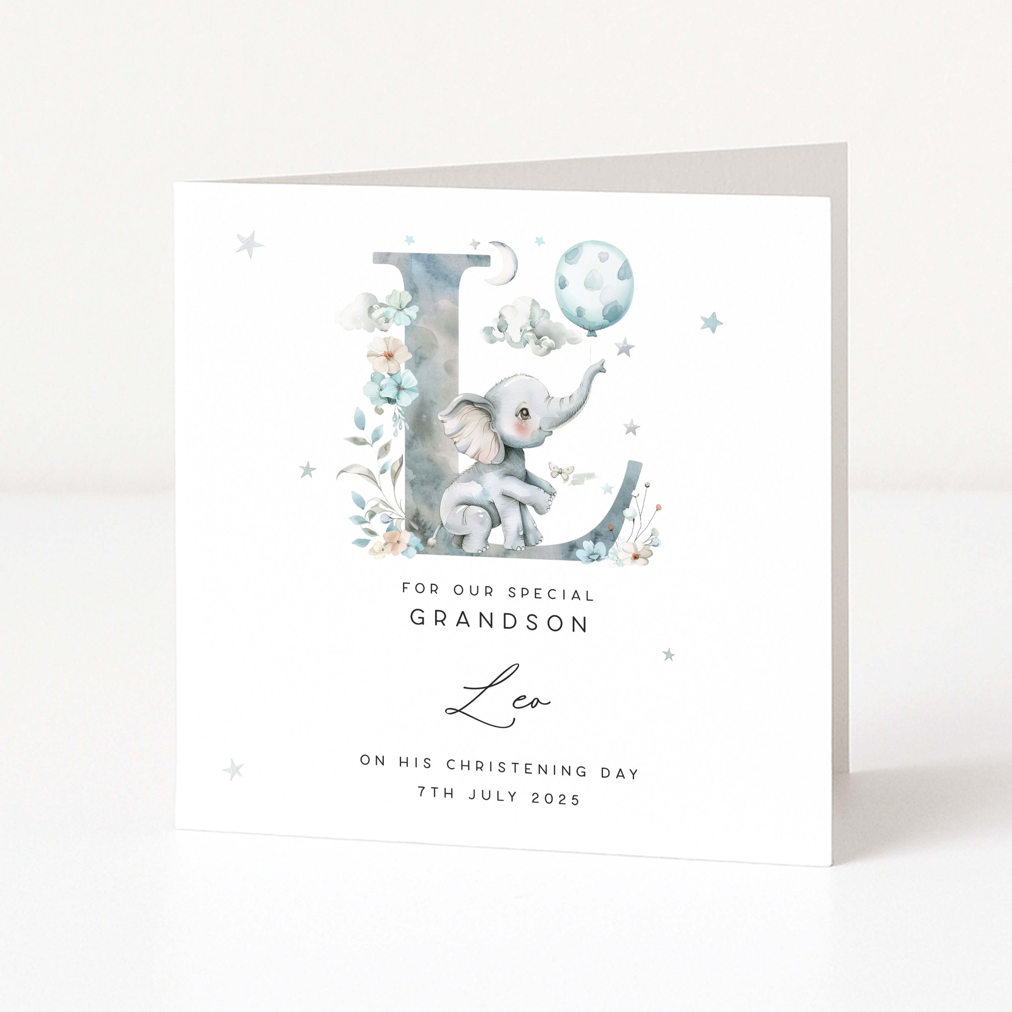 Christening card for grandson with an elephant illustration and personalized text on a white background