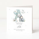 Personalised christening card with a baby elephant and letter 'A' design on a white background