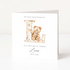 Personalised christening card for godson with teddy bear and letter 'L' design on a white background