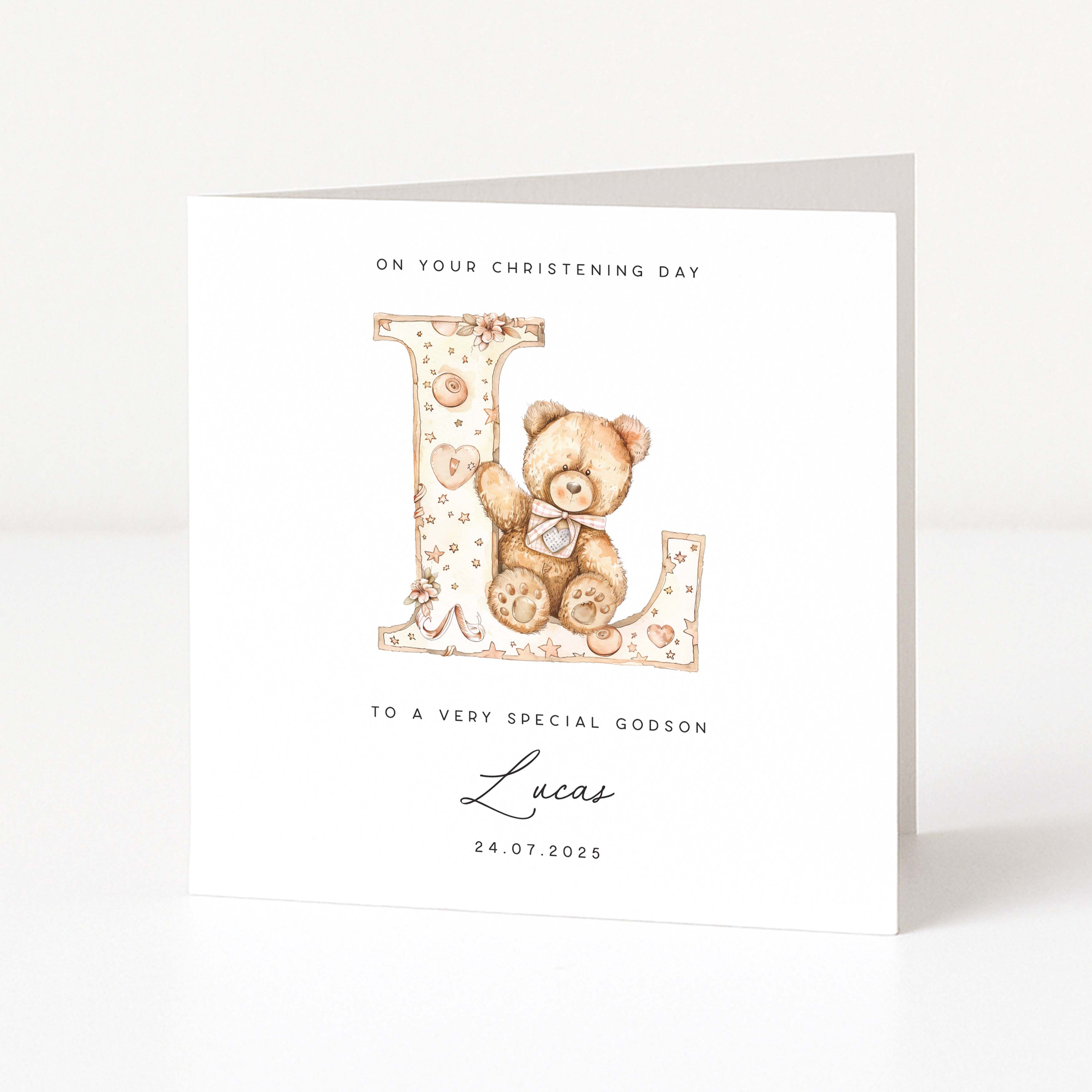Personalised christening card for godson with teddy bear and letter 'L' design on a white background