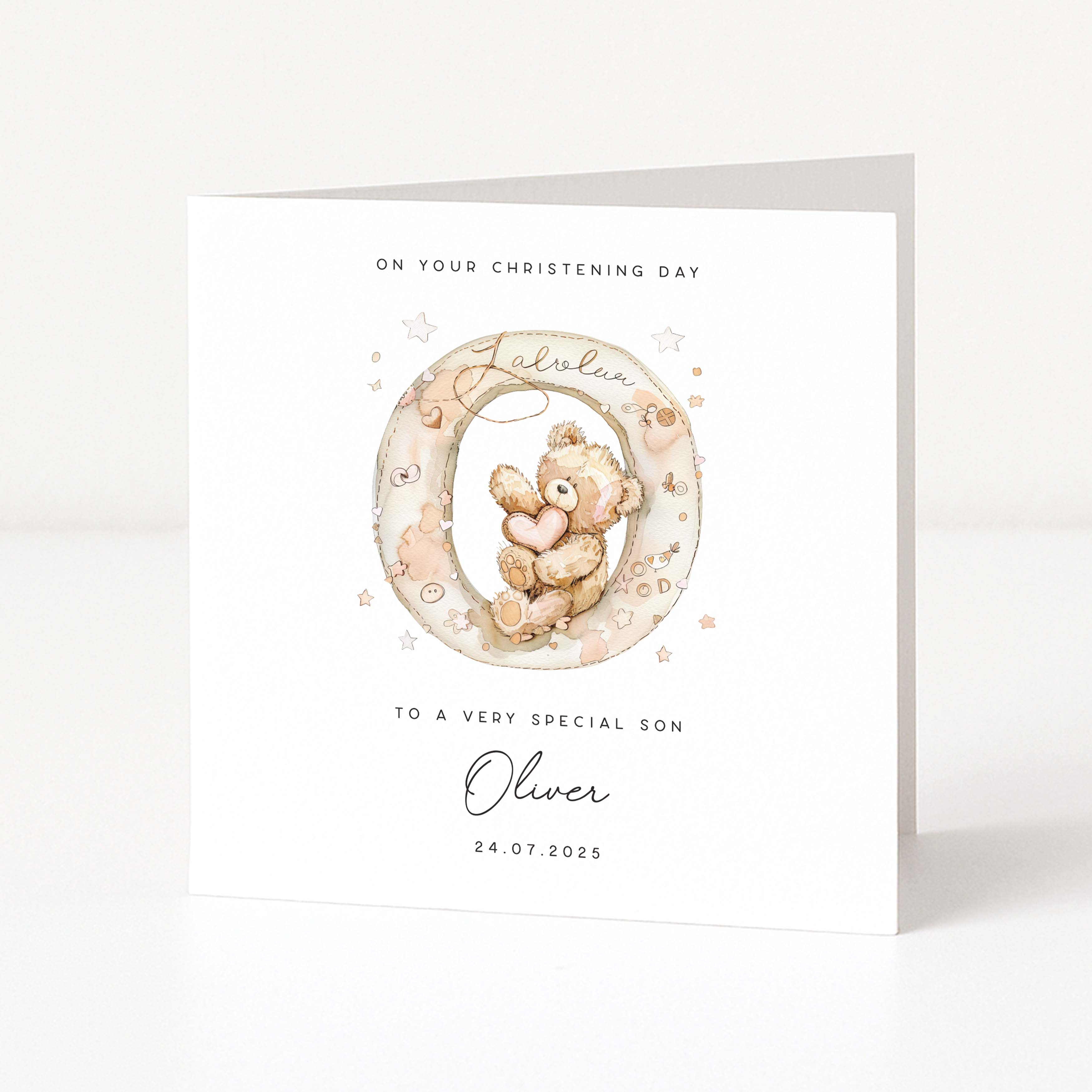 Christening card for son with teddy bear illustration and personalized text on a white background