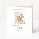 Personalised goddaughter christening card with teddy bear and letter 'I' design on a white background