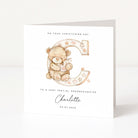 Christening card for granddaughter with teddy bear on a letter 'C', personalized text, and white background
