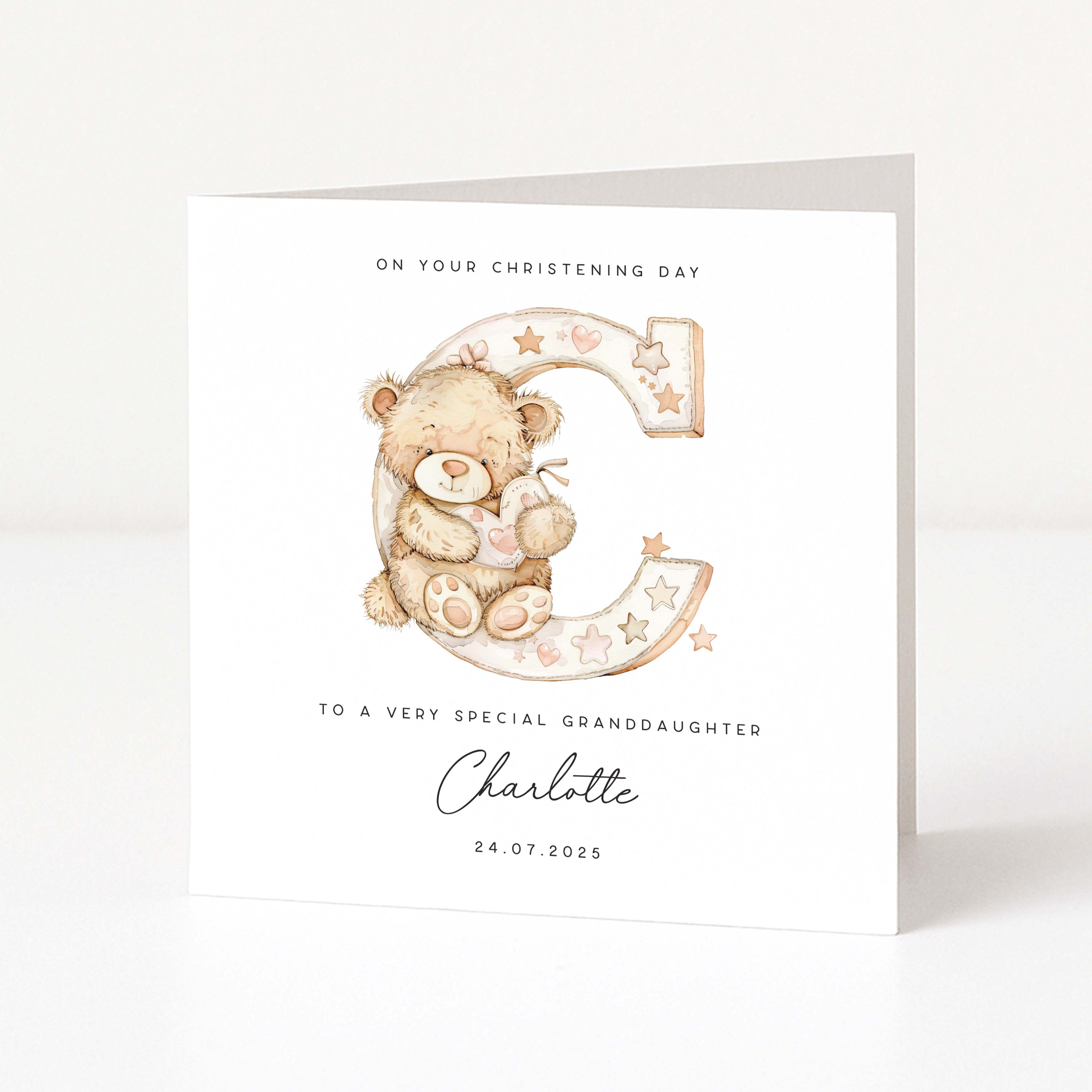 Christening card for granddaughter with teddy bear on a letter 'C', personalized text, and white background