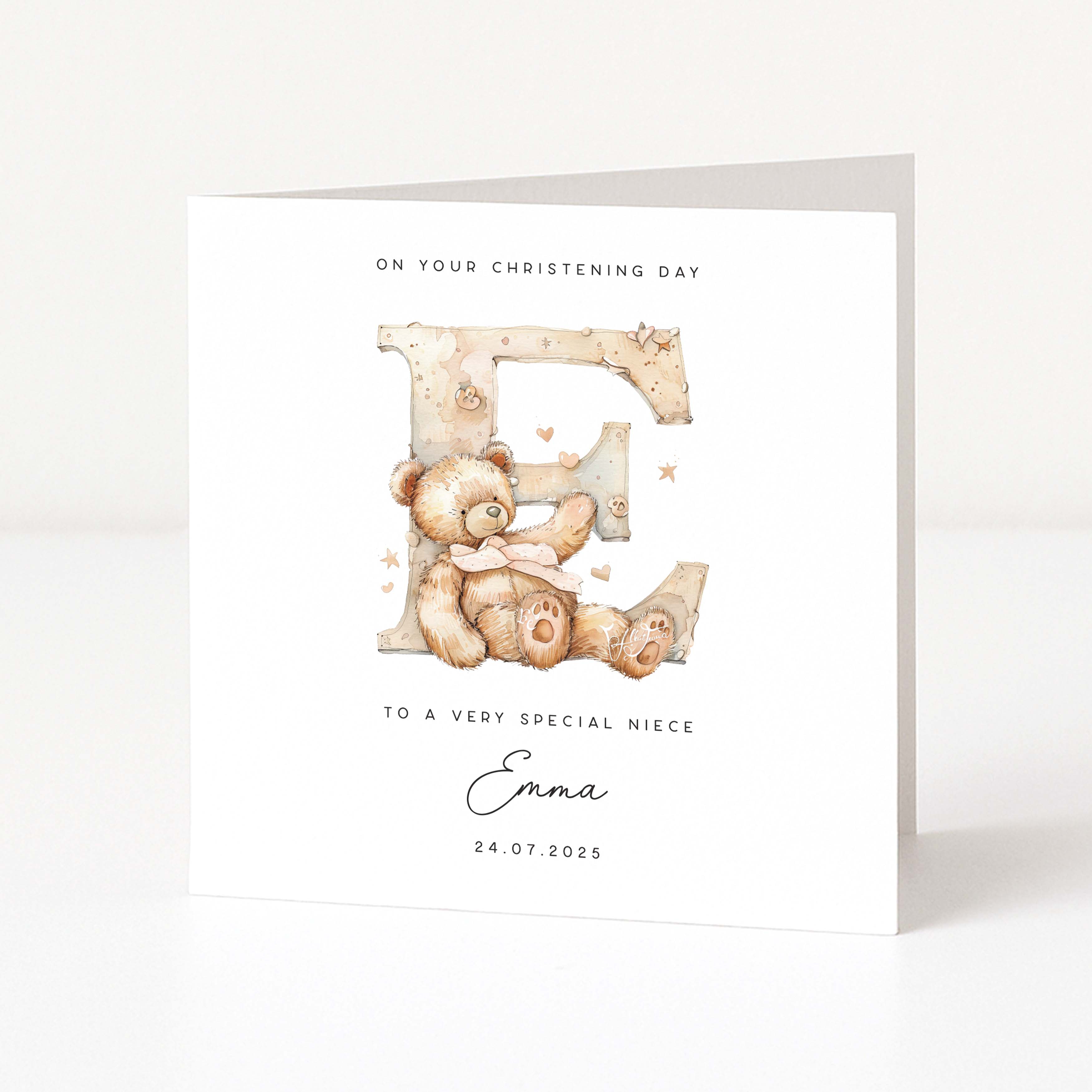 Christening card for niece with teddy bear design and monogram with personalized text on a white background