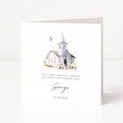 Christening card for godson with a church illustration and personalized text on a white background