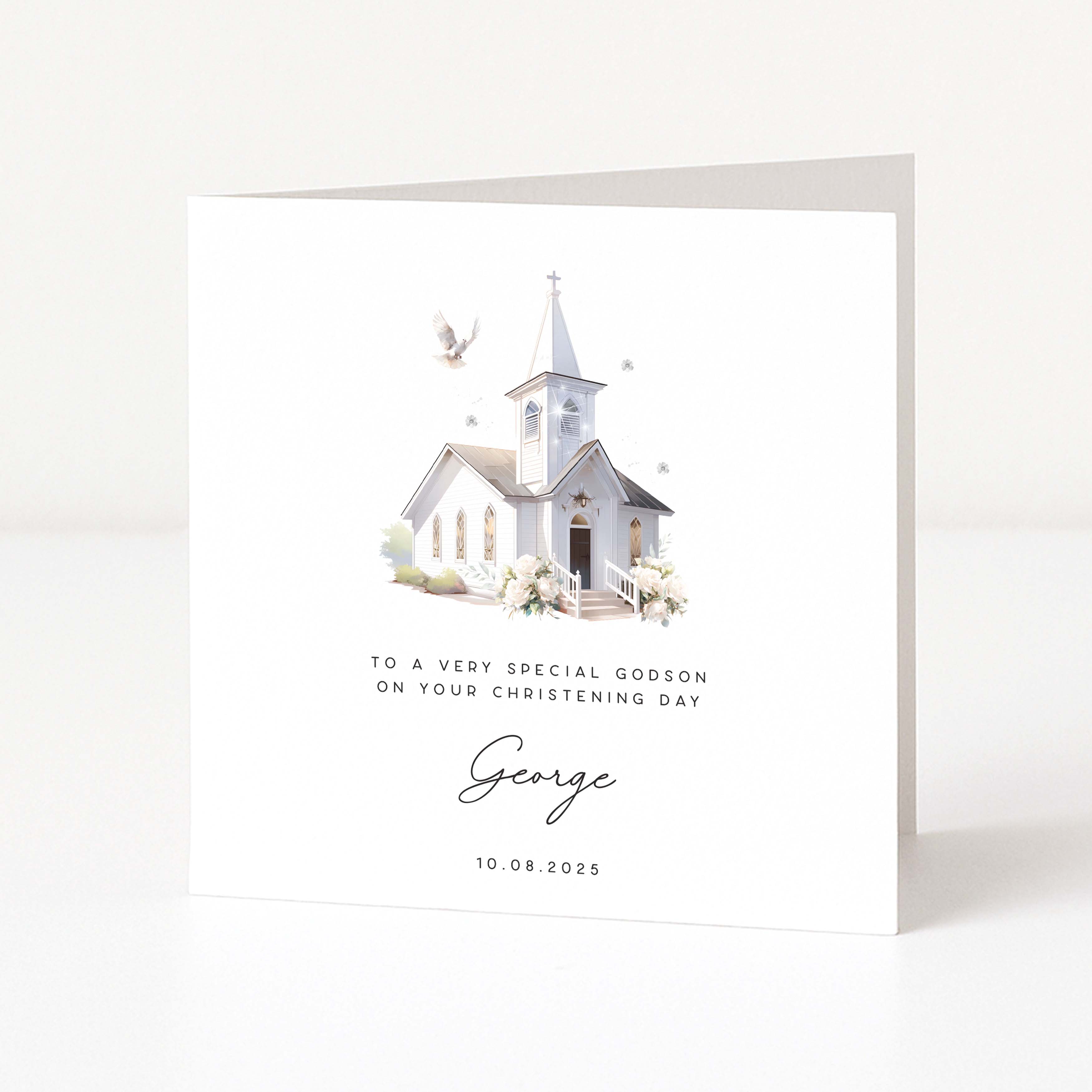 Christening card for godson with a church illustration and personalized text on a white background