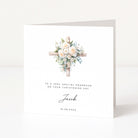 Personalised christening card for grandson with floral cross design and text on a white background