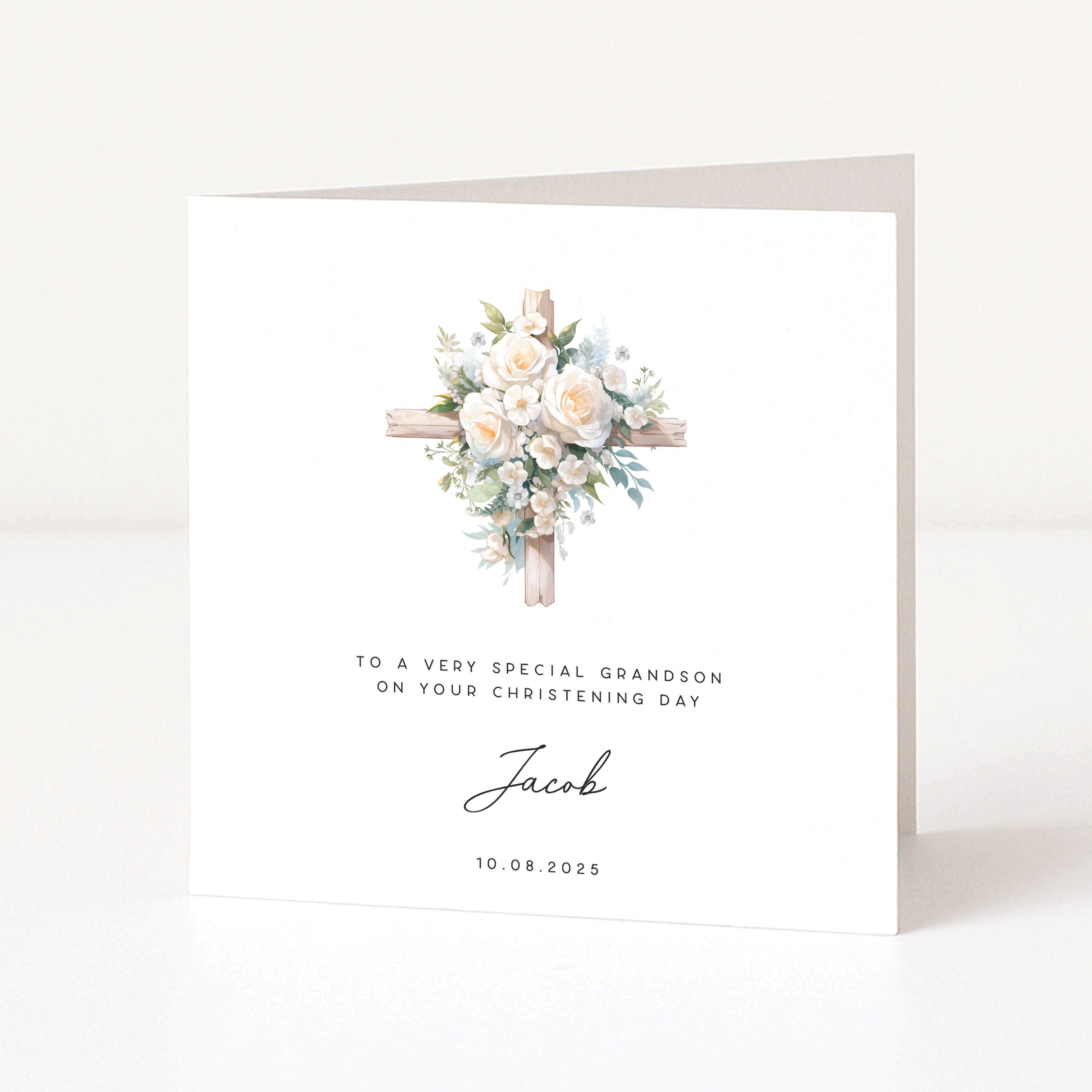 Personalised christening card for grandson with floral cross design and text on a white background