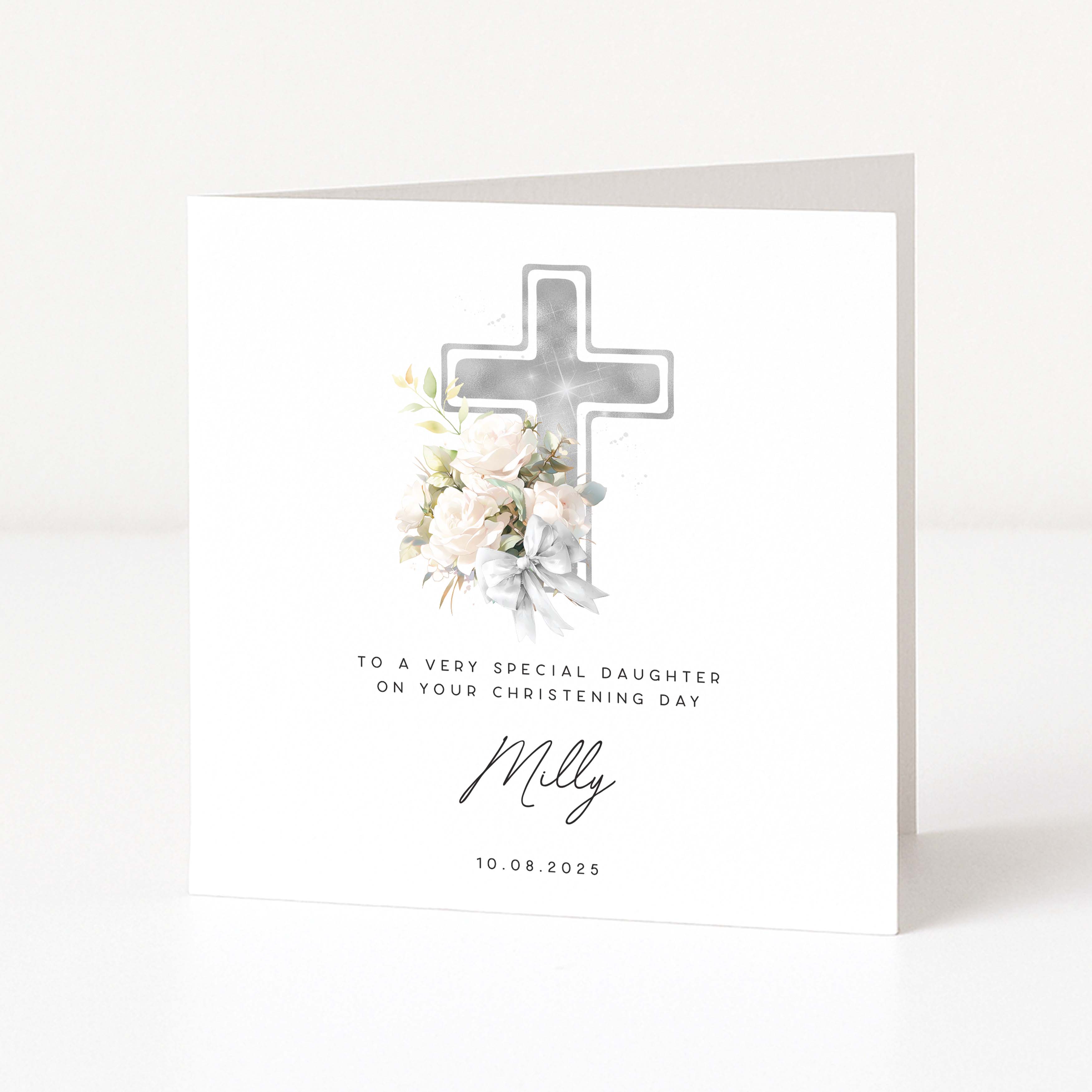 Personalised Greeting card with floral design and cross on a white background for daughter's christening day