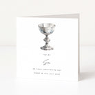 Christening Day card with a silver goblet illustration and personalized text on a white background